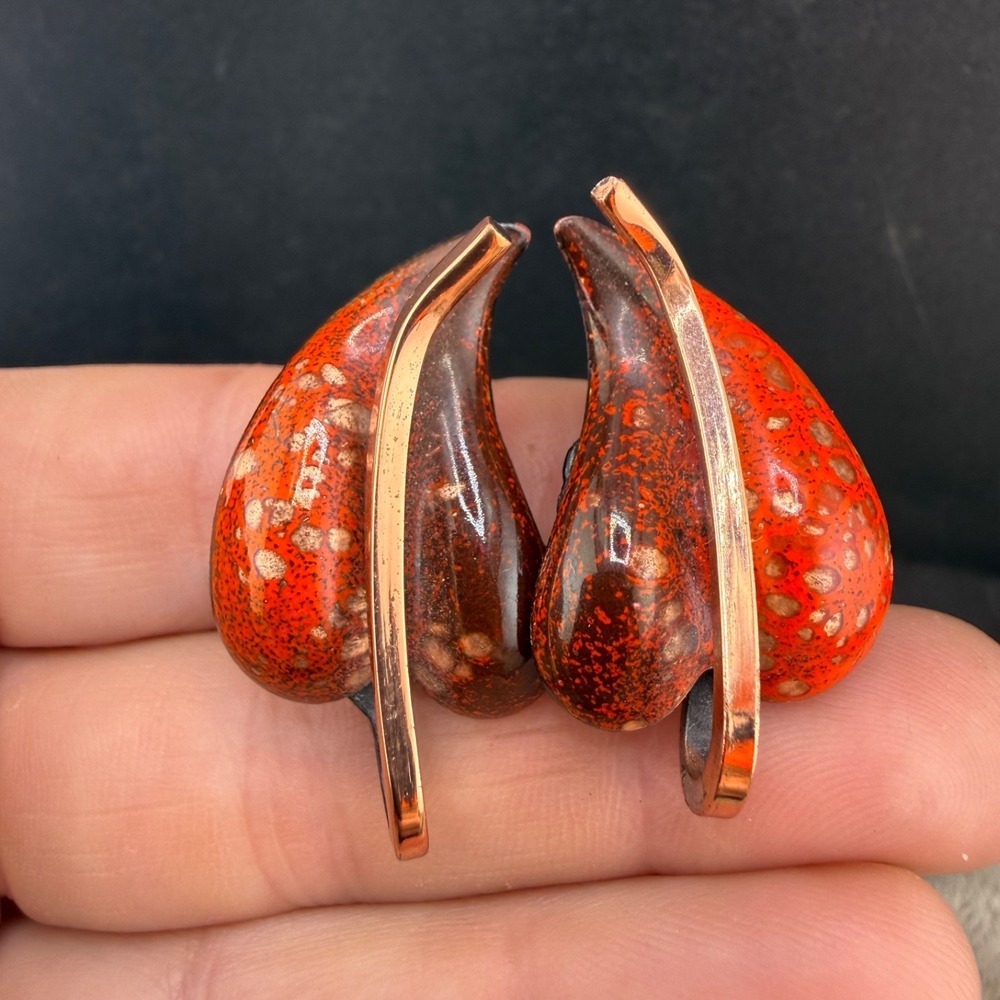 Vintage Matisse Renoir Clip On Earrings Copper Leaf Enamel Red